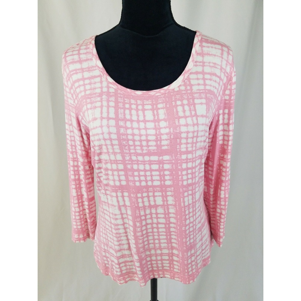St John women L 3/4 sleeve pullover top printed scoop neck